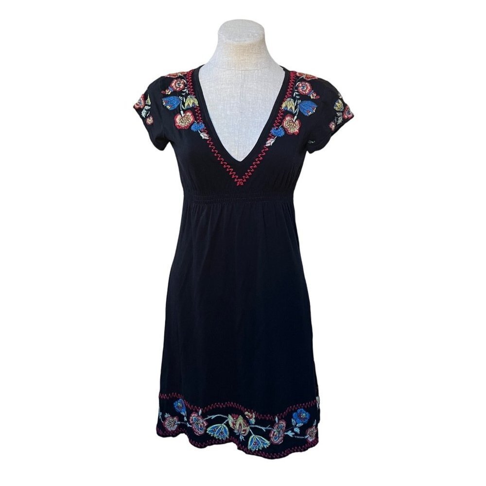 Johnny Was Babydoll Dress Black Floral Embroidered Bohemian Cotton Casual